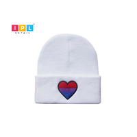Adult White Beanie In White With a Colourful Heart Patch On It