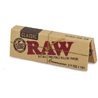 RAW Classic Rolling Papers | Connoisseur | 1¼ Size + Tips | Pack of 24
