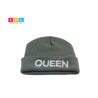 Grey Adult Beanie With Queen Printed On It