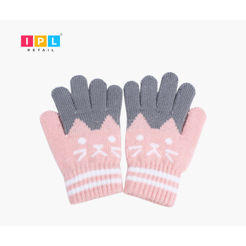 Kids Gloves With Embroidery In Bicolour Pink And Grey