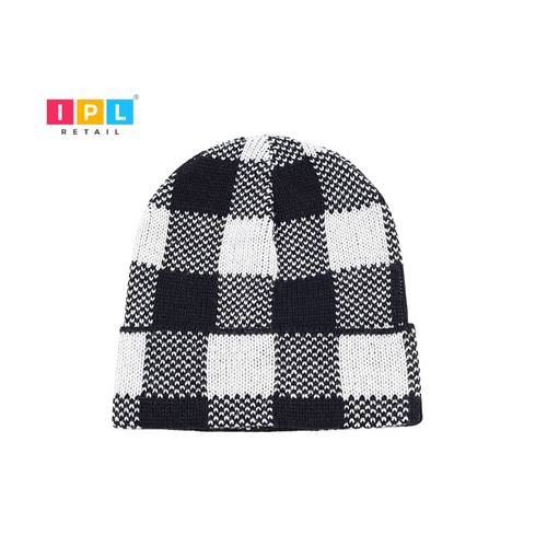 Skull Cap Beanie with Contrast Color Checkered Pattern