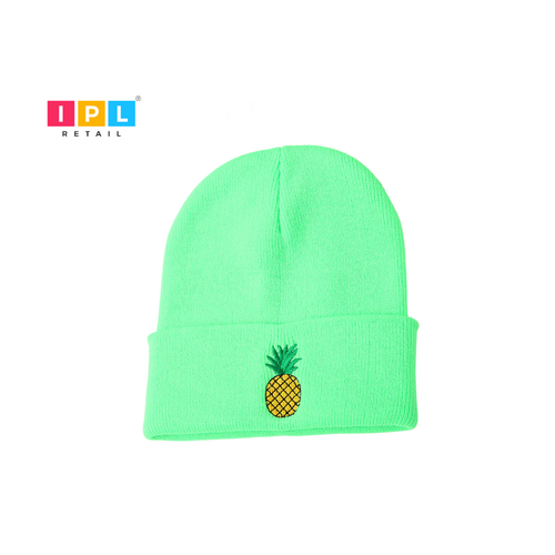 Bright Green Adult Beanie With a Pineapple Patch on it