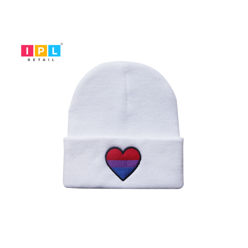 Adult White Beanie In White With a Colourful Heart Patch On It