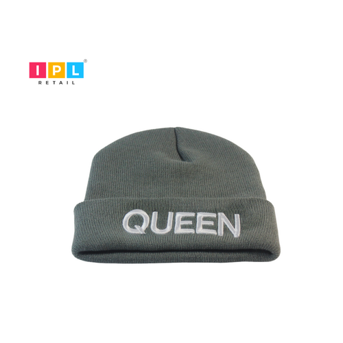 Grey Adult Beanie With Queen Printed On It