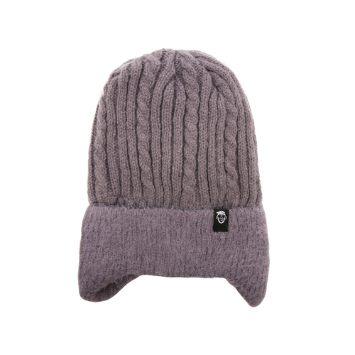 Grey Earflap Ribbed Beanie